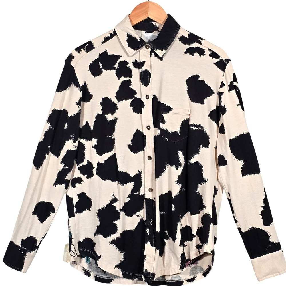 Caite Cow Print Floral‎ Embroidered Button Down Shirt Small Handmade Cream Black